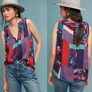 Maeve Anthropologie Anderson Patchwork Floral Ruffle Tie Neck Tank Top Blouse S